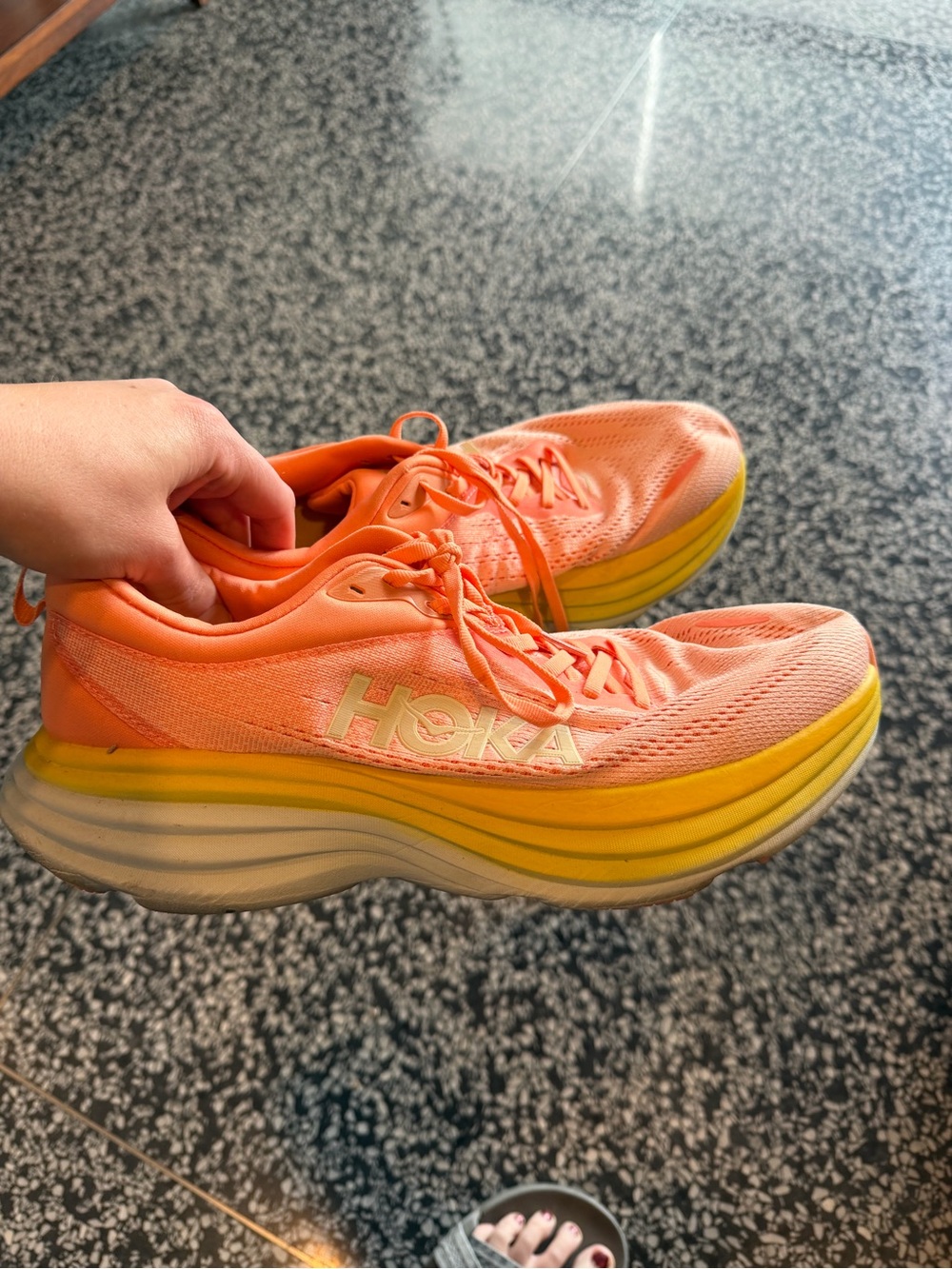 Hoka Bondi 8 Men’s  Peach-Orange Running Shoes with Yellow Midsoles